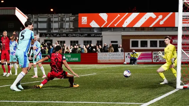 Tamworth's Manny Duku scores but his goal is ruled offside