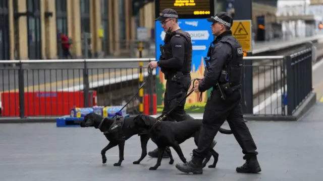 Two police officers walk along with dogs in a train station