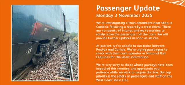 A National Rail update which includes a picture of a train which which is across two tracks