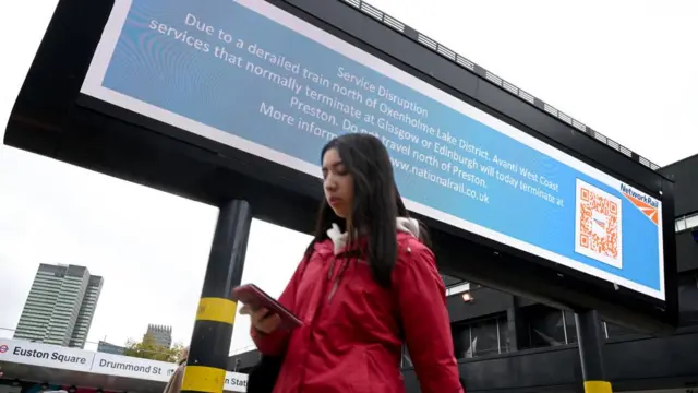 A woman in a red raincoat checks her phone walking underneath a large sign warning of disruption on Avanti West Coast services outside Euston station in London