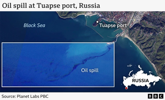 Annotated satellite imagery showing an apparent oil slick off the port of Tuapse in Russia