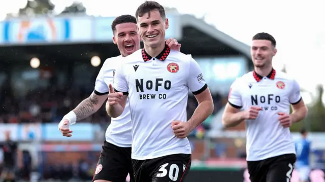 Walsall's Evan Weir celebrates scoring at Eastleigh