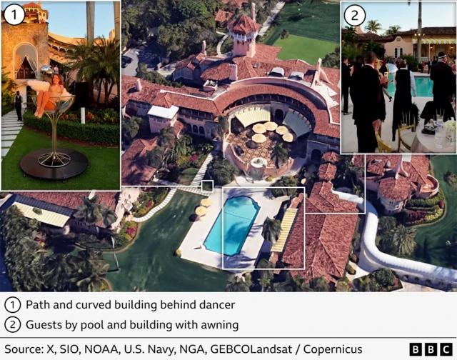 A side-by-side comparison showing videos of the dancer next to a satellite image of Mar-A-Lago