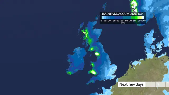 A graphic of the UK colour coded with the amount of rainfall expected until the end of the week. It shows high levels of rainfall across the west coast of the UK, especially in Cumbria and Scotland and most of Wales.