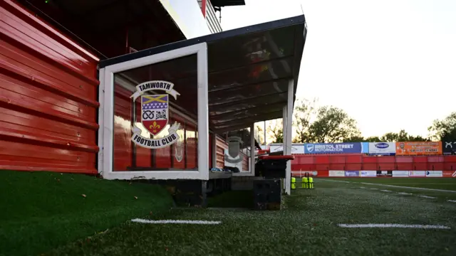 The dugout at the Lamb Ground bearing the Tamworth crest