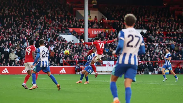 Morgan Gibbs-White of Nottingham Forest has a chance with a volley