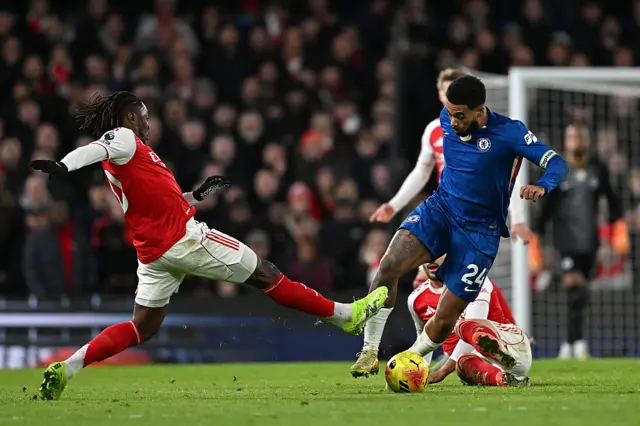 eece James of Chelsea is challenged by Eberechi Eze of Arsenal