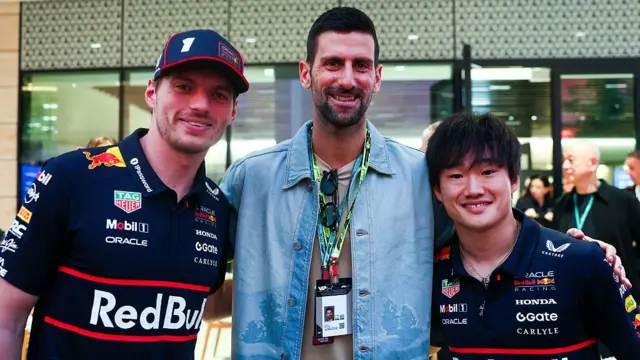 Red Bull's Max Verstappen and Yuki Tsunoda with Novak Djokovic