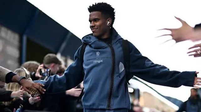 Estevao of Chelsea arrives off the team bus