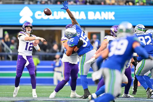 Max Brosmer's pass is batted down by a Seattle Seahawks defender