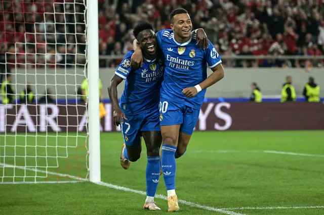 Vinicius Jr and Kylian Mbappe celebrate