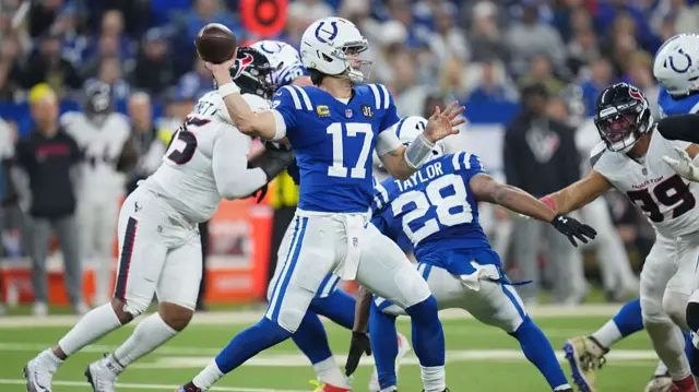 Daniel Jones of the Colts throws a pass against the Texans in the NFL