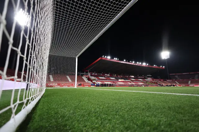 A view from inside a goal showing a stand at Montilivi stadium