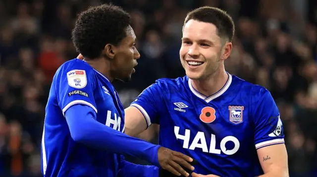 Jaden Philogene celebrates with Ipswich team-mate George Hirst