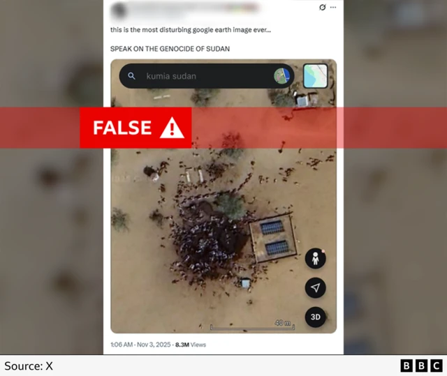 A graphic of the viral post labelled false. The attached satellite image shows dozens of indistinct small shapes on the ground, which are surrounding a circular area which is darker in colour than the surrounding dirt. The text of the post reads: “This is the most disturbing google earth image ever… SPEAK ON THE GENOCIDE OF SUDAN”.