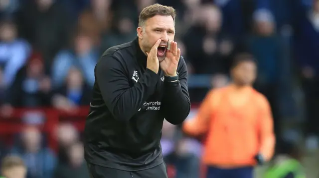 Derby boss John Eustace shouts instructions from the sidelines