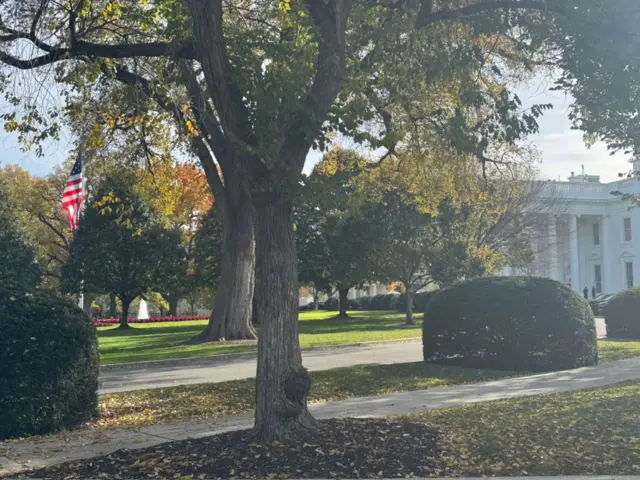 Exterior of the White House with flag