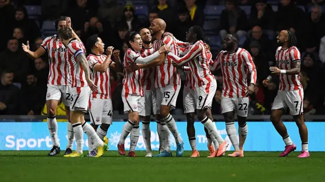 Stoke players celebrate Steven Nzonzi's goal at Oxford