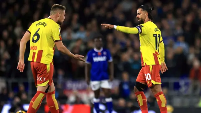 Watford goalscorer Imran Louza celebrates with Mattie Pollock