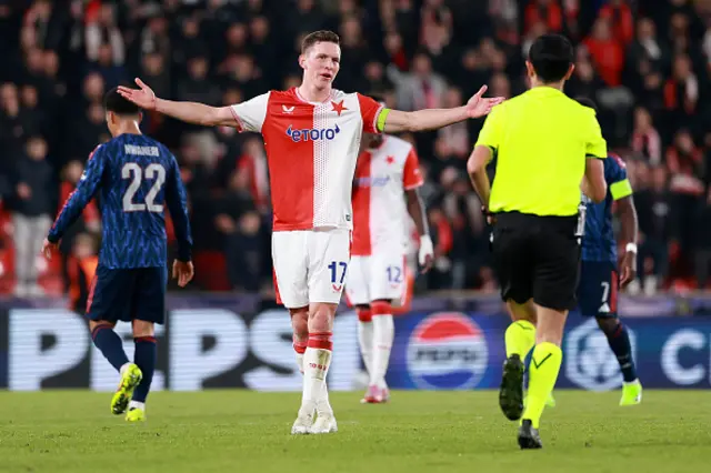Lukas Provod of Slavia Praha reacts to referee Aliyar Aghayev