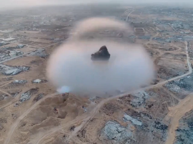 A grab showing the explosion in Gaza that has caused online speculation about the weaponry used
