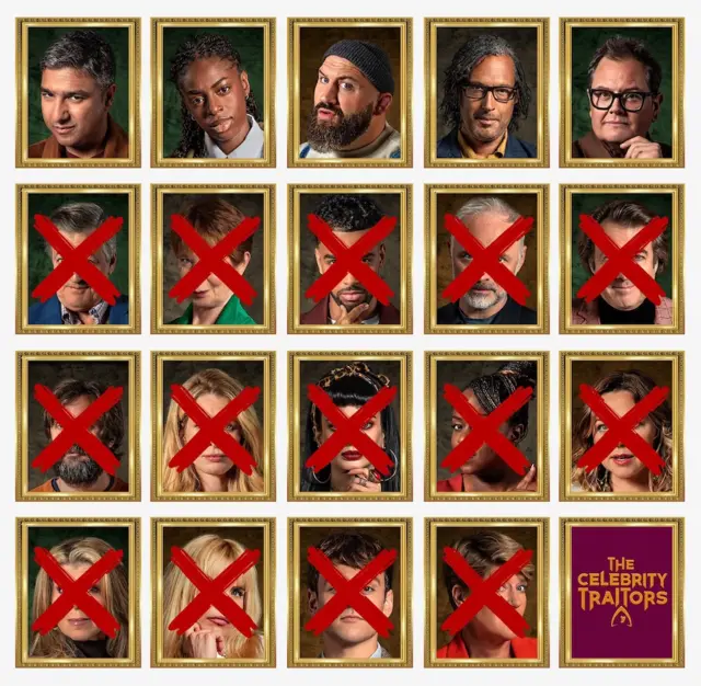 The portraits of all 19 contestants, 14 of which have been crossed out