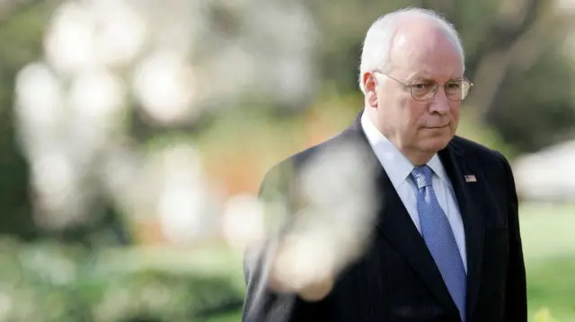 Dick Cheney in a dark suit and blue tie, against a blurred background of grass and trees.