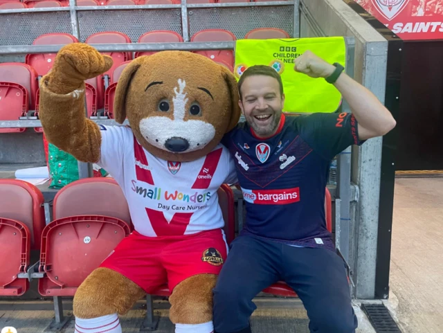 Paul Salt with Boots the Saints mascot