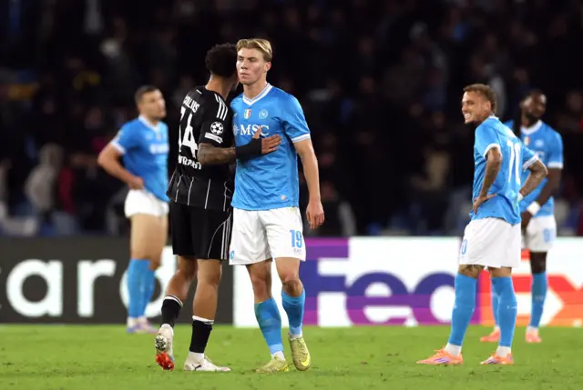 Hojlund shakes hands with an opponent at full time
