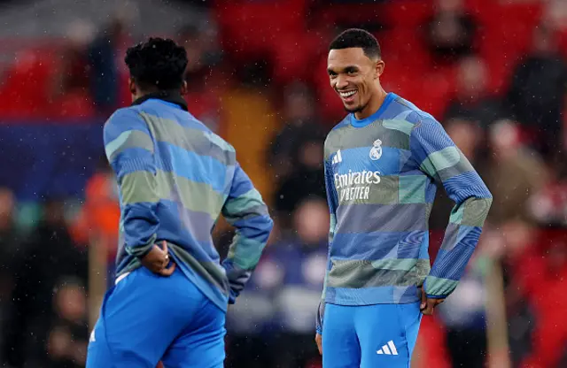 Trent Alexander-Arnold of Real Madrid smiles as he warms up