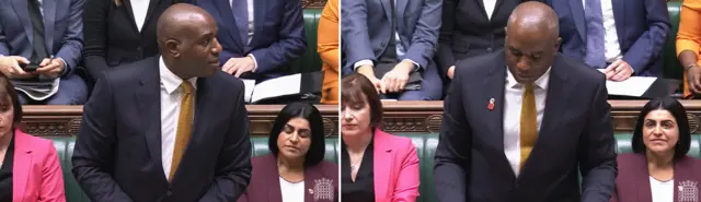 Screen grab of Deputy Prime Minister David Lammy not wearing then wearing a poppy during Prime Minister's Questions in the House of Commons, London.