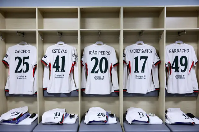 Chelsea players shirts hang in the dressing room