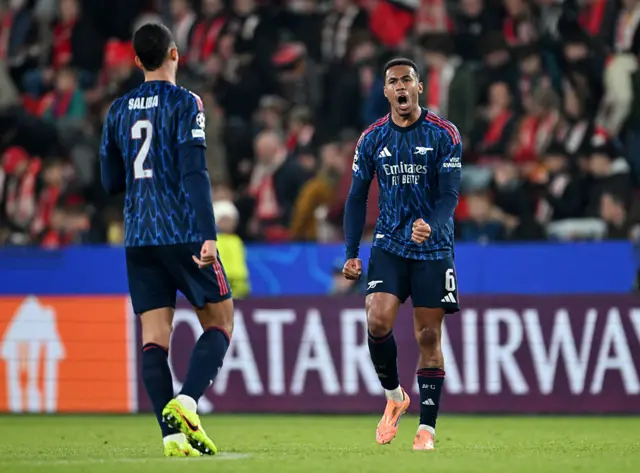 Gabriel celebrates with teammate William Saliba