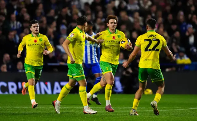 Norwich celebrate their equaliser at Sheffield Wednesday