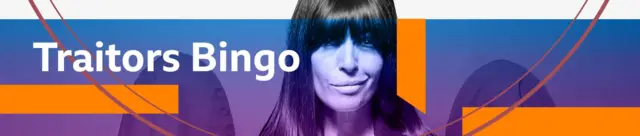 Graphic banner for 'Traitors Bingo' which features a picture of Claudia Winkleman on it