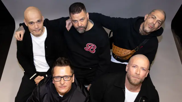 Boyband Five posing, from left to right, Sean Conlon, Ritchie Neville, Scott Robinson, Abz Love and Jason Paul Brown.