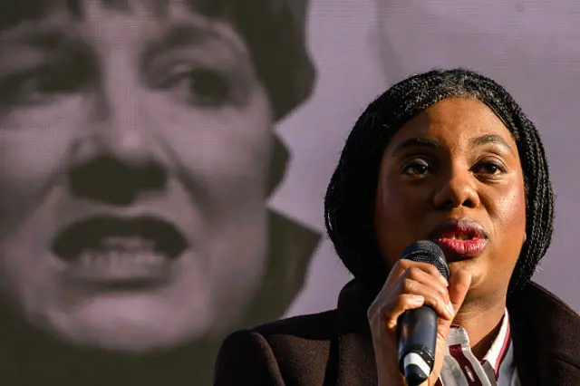 Leader of the Conservative Party Kemi Badenoch addresses members of the media and supporters during an event on October
