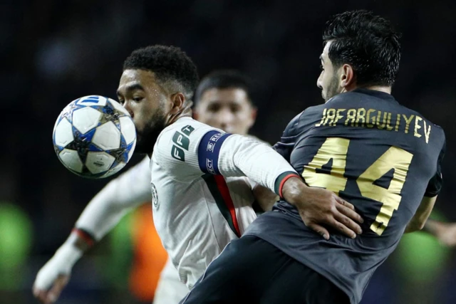 Chelsea's Reece James in action with Qarabag's Elvin Cafarguliyev