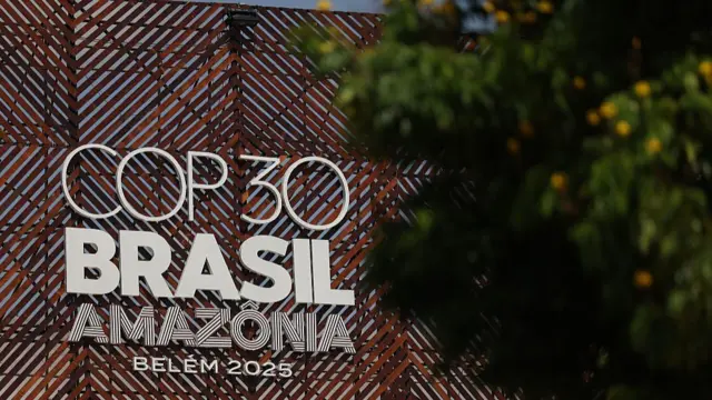 The COP30 logo at the central building is seen ahead of the COP30 Brazil Amazonia 2025 on November 3, 2025 in Belem, Brazil