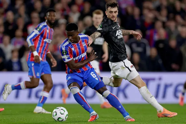 Marc Guehi of Crystal Palace FC, Troy Parrott of AZ Alkmaar during the Conference League match between Crystal Palace v AZ Alkmaar at the Selhurst Park on November 6, 2025 in London United Kingdom