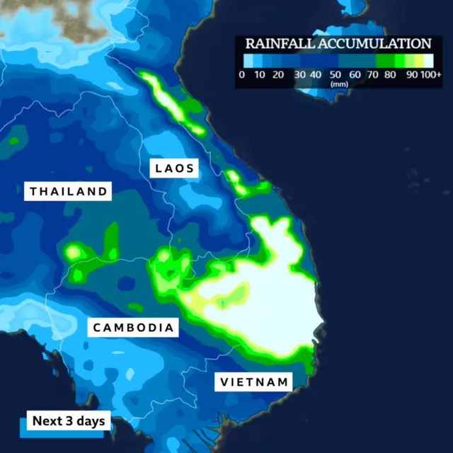 Green and blue map showing rainfall of more than 100mm in Vietnam. Laos, Cambodia and Thailand are also orientated.