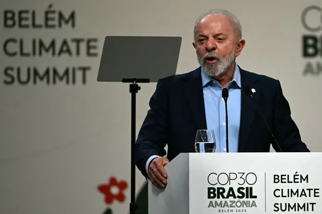 Brazil’s President Luiz Inacio Lula da Silva delivers a speech during the General Plenary of Leaders in the framework of the COP30 UN Climate Change Conference in Belem, Para State, Brazil, on November 6, 2025