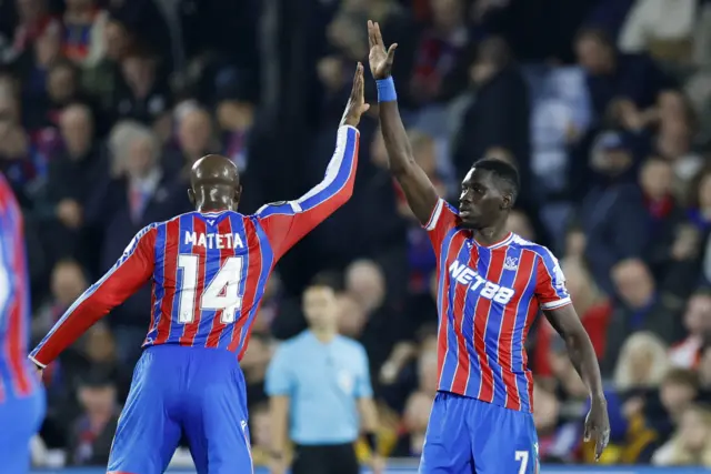 Crystal Palace's Ismaila Sarr celebrates scoring their second goal with Jean-Philippe Mateta