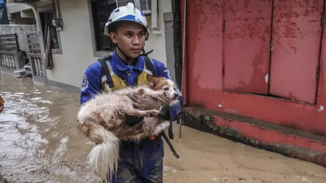 An emergency responder carries a dog in a flooded street in central Philippines