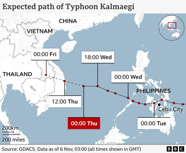 A map showing the expected path of Typhoon Kalmaegi across Southeast Asia. The typhoon is projected to move westward from the Philippines toward Vietnam and Thailand. Key points along the path are marked with red dots and times in GMT: 00:00 Tue near Cebu City in the Philippines, 00:00 Wed over the Philippines, 18:00 Wed over the South China Sea, 00:00 Thu farther west, 12:00 Thu approaching Vietnam, and 00:00 Fri over Vietnam. The map includes country labels for China, Vietnam, Thailand, and the Philippines, and a scale showing 200 km / 200 miles. Source: GDACS, data as of 6 November, 03:00 GMT.