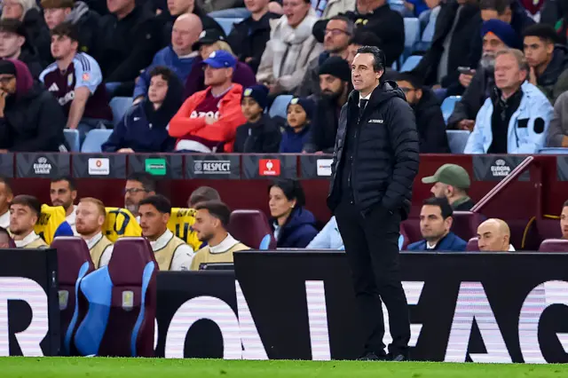 Unai Emery of Aston Villa looks on during the UEFA Europa League 2025/26 League Phase MD4 match between Aston Villa FC and Maccabi Tel-Aviv FC at Villa Park on November 6, 2025 in Birmingham, United Kingdom.