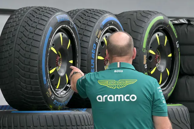 An Aston Martin crew member checks on a set of tyres