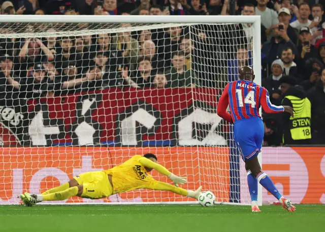 Rome-Jayden Owusu-Oduro of AZ Alkmaar saves a penalty shot from Jean-Philippe Mateta of Crystal Palace during the UEFA Conference League 2025/26 League Phase MD3 match between Crystal Palace FC and AZ Alkmaar at Selhurst Park on November 06, 2025