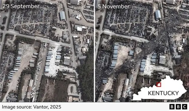 A side-by-side comparison of satellite images from both and after the crash