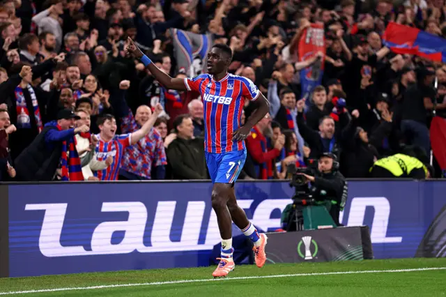 Ismaila Sarr of Crystal Palace celebrates scoring his team's second goal during the UEFA Conference League 2025/26 League Phase MD3 match between Crystal Palace FC and AZ Alkmaar at Selhurst Park on November 06, 2025 in London, England.